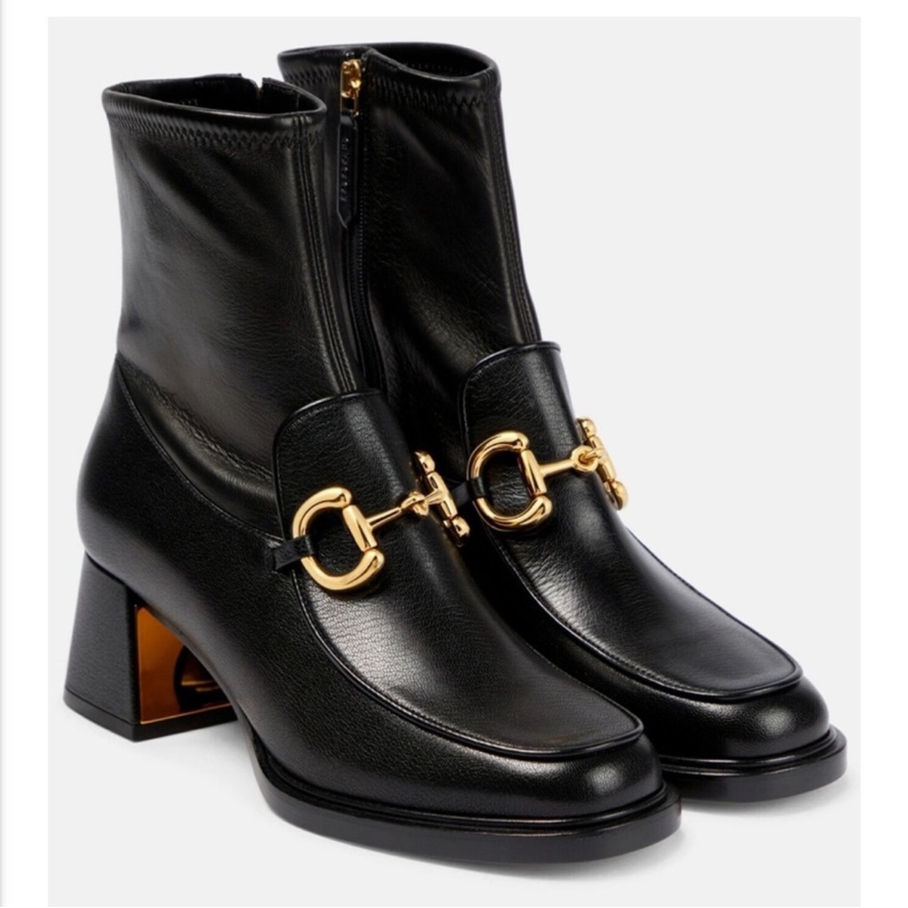 Gucci Black Leather Ankle Boots with classic Horsebit style in Gold Accent